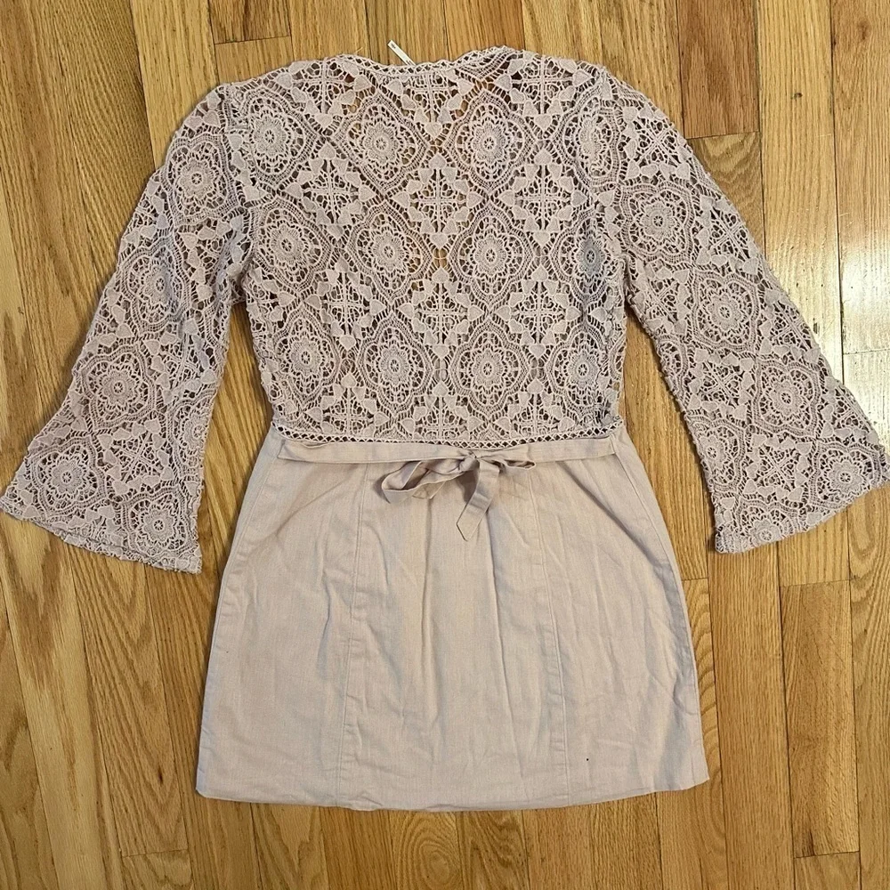 Free People Shrimpton Crochet Lace Mini Dress Pink Sz S bell sleeves boho hippie